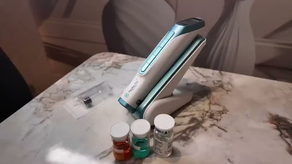 A microneedling pen and serums on a marble counter